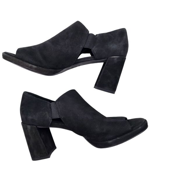 EILEEN FISHER Womens 8 Suede Cut Out Peep Toe Heeled Shoes NWOT Black Pull On - Picture 7 of 10